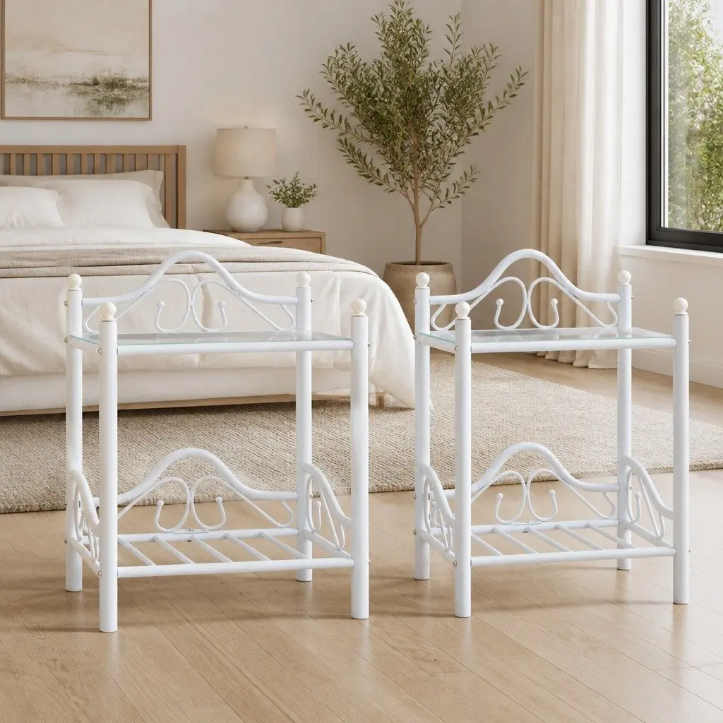 2 pcs White Nightstand Set with Glass