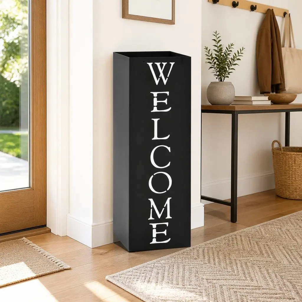 Umbrella Stand Black Steel Modern Entryway Storage Holder Drip Tray