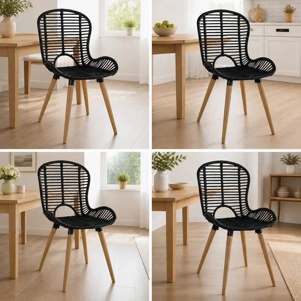 Dining Chairs Set of 4 Black Rattan Wooden Legs Kitchen Living Room Furniture