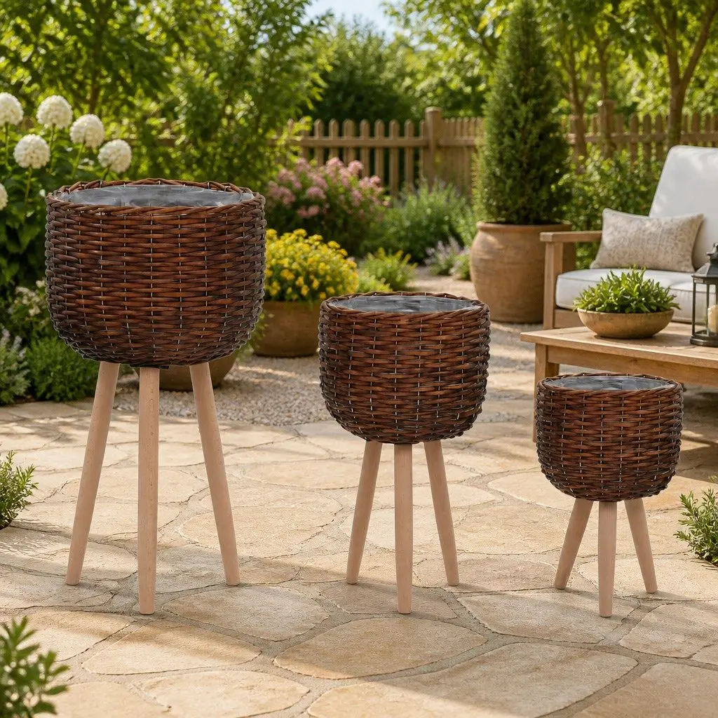 Wicker Planter Set Rustic Garden Potting Pots 3 Piece Brown Rattan