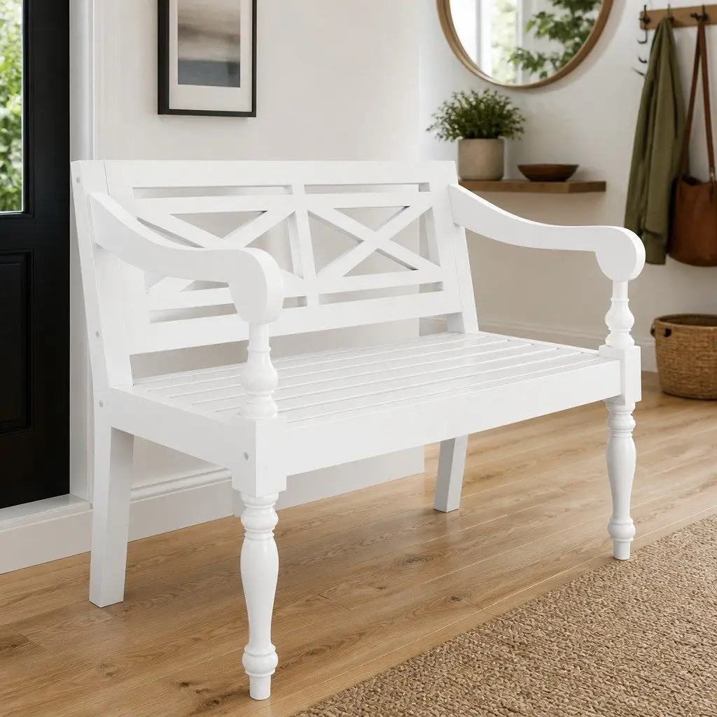 Wooden Storage Bench Entryway Seating 98 cm White Solid Mahogany Wood Construction Curved Armrests