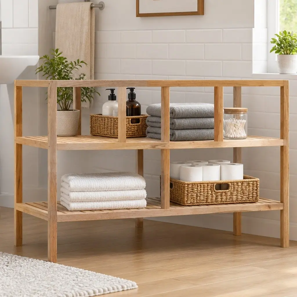 Bathroom Shelf 3-Tier Storage Rack 100x40x65cm Beige Slatted Wooden Shelving Unit