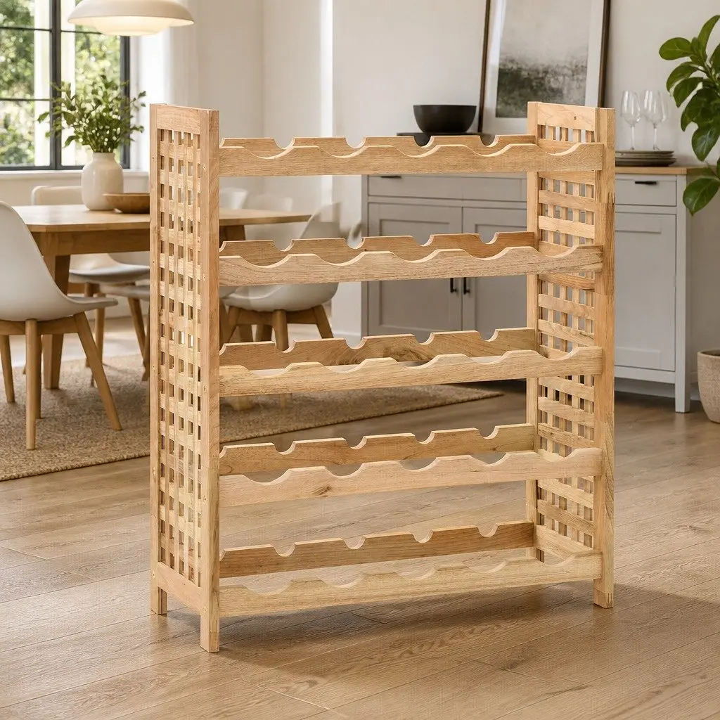 Wine Rack Solid Wood Storage Cabinet 5-Tier Beige 25 Bottles