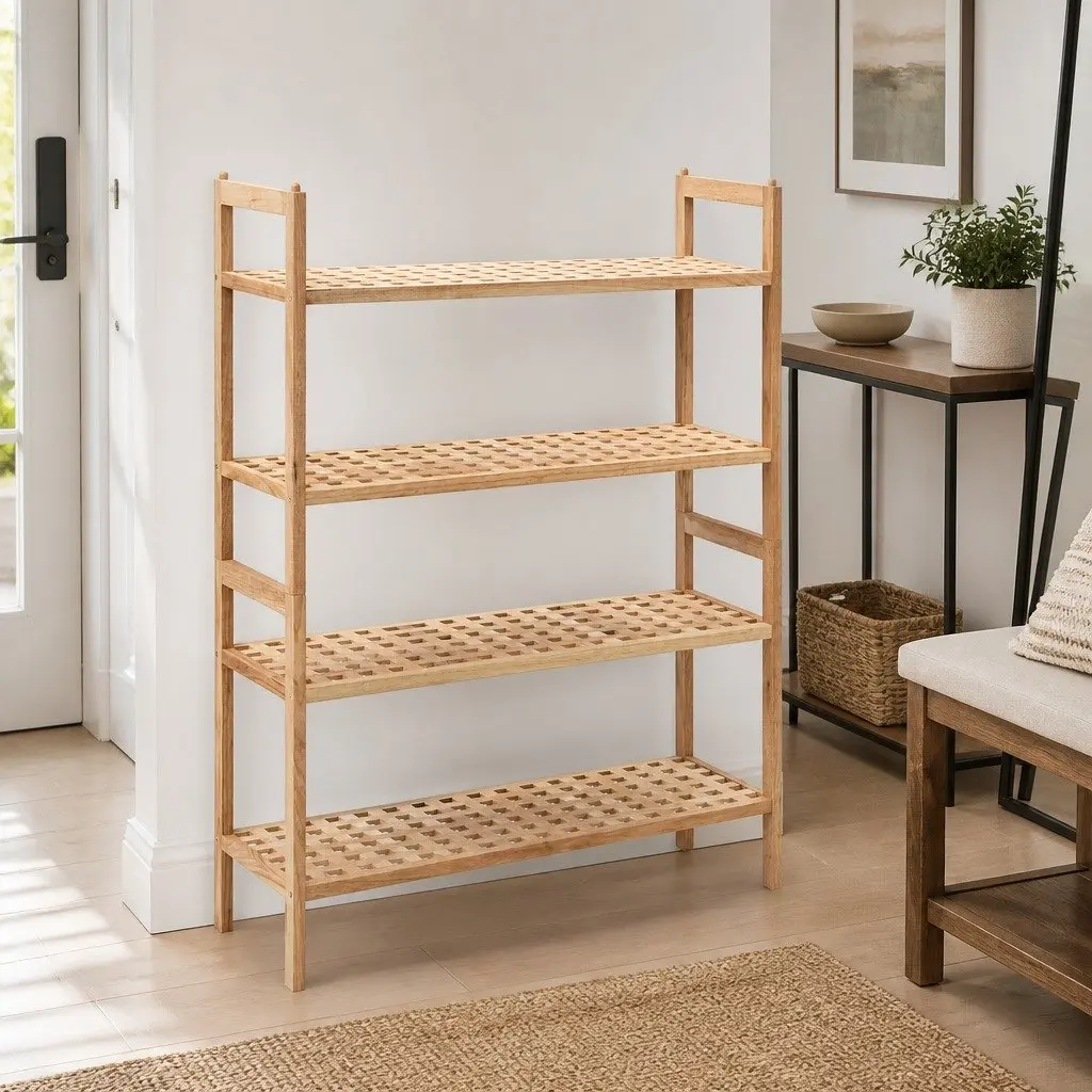 Shoe Rack Storage Organiser 4 Shelves Walnut Wood Beige