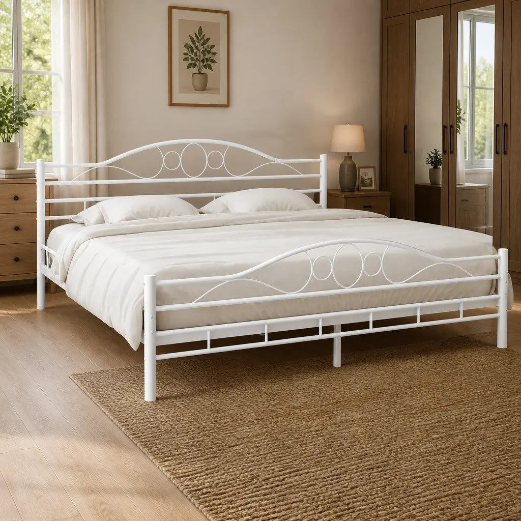 Metal Bed Frame Slatted Base Modern Bedroom Furniture 137x187 cm White
