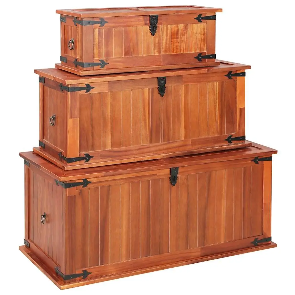 Wooden Storage Chests 3 Piece Handmade Solid Acacia Brown Multifunctional Box with Front Latch and Side Handles