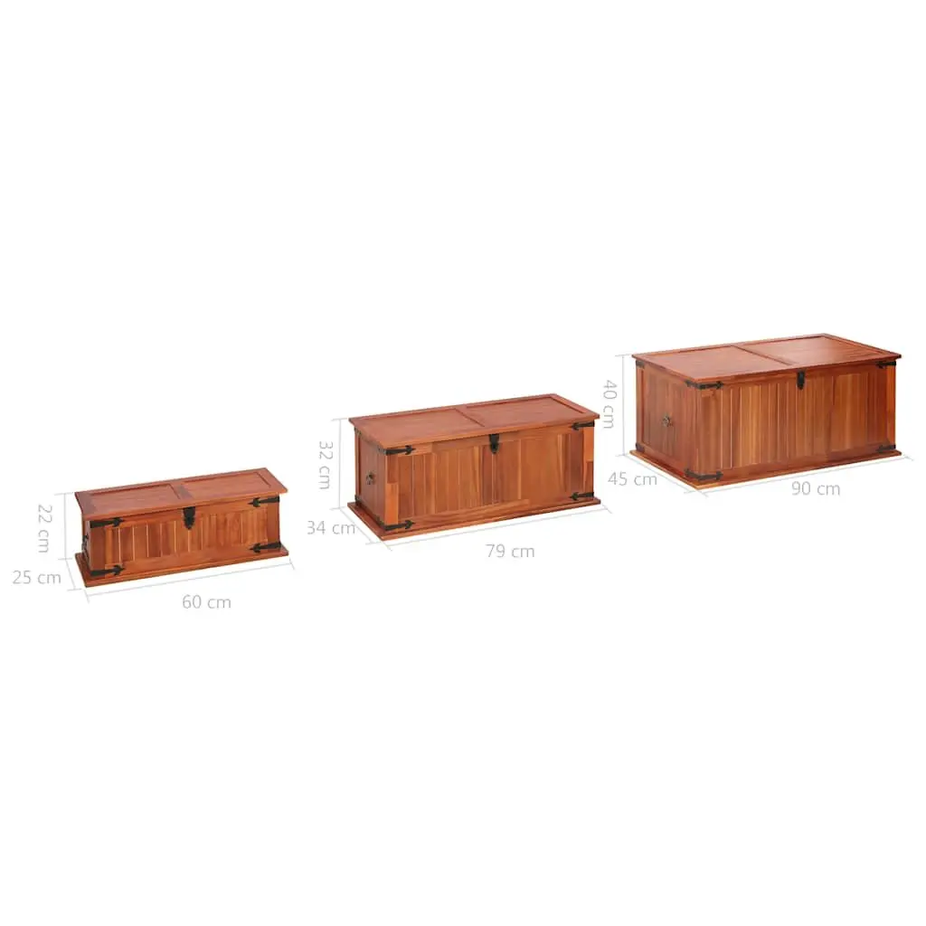 Wooden Storage Chests 3 Piece Handmade Solid Acacia Brown Multifunctional Box with Front Latch and Side Handles