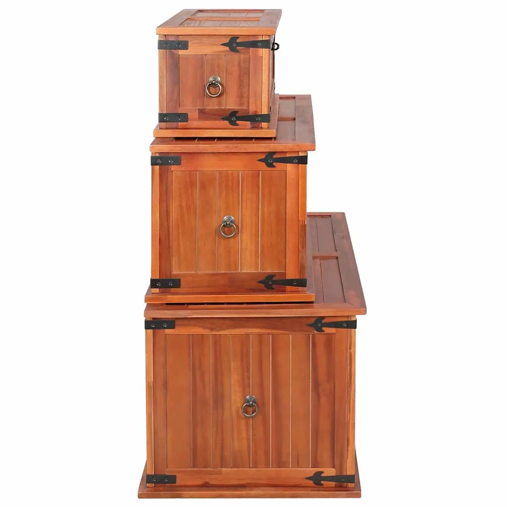 Wooden Storage Chests 3 Piece Handmade Solid Acacia Brown Multifunctional Box with Front Latch and Side Handles