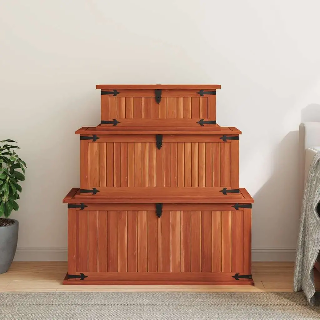 Wooden Storage Chests 3 Piece Handmade Solid Acacia Brown Multifunctional Box with Front Latch and Side Handles