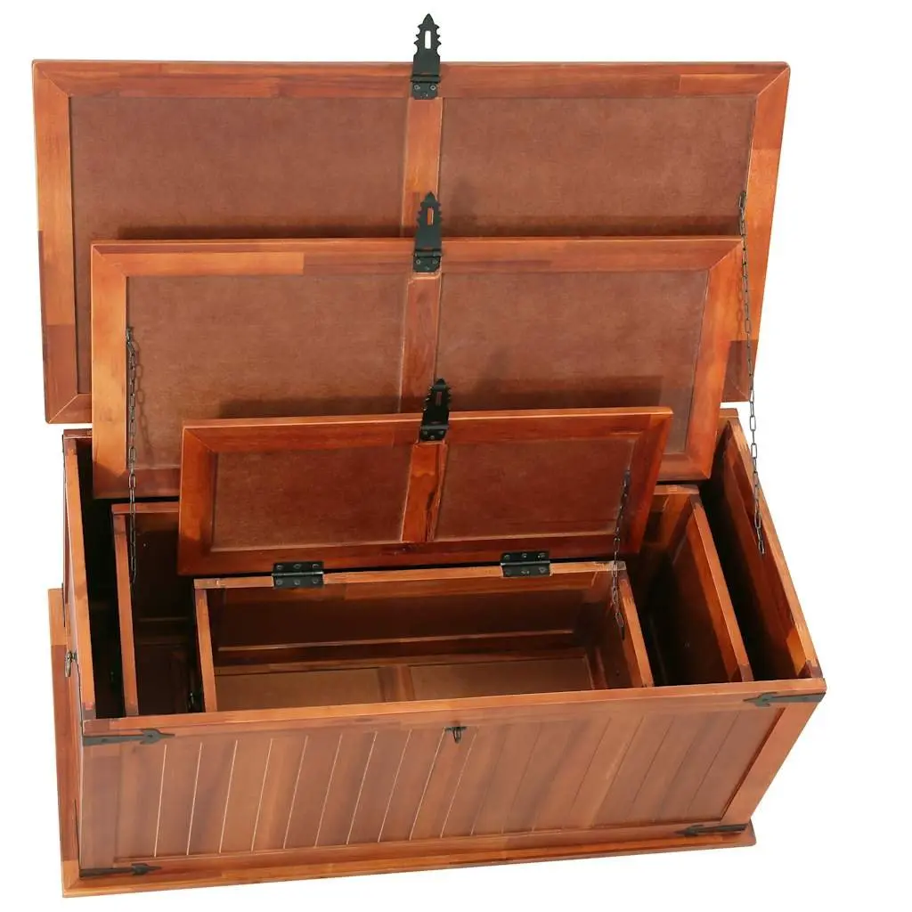 Wooden Storage Chests 3 Piece Handmade Solid Acacia Brown Multifunctional Box with Front Latch and Side Handles