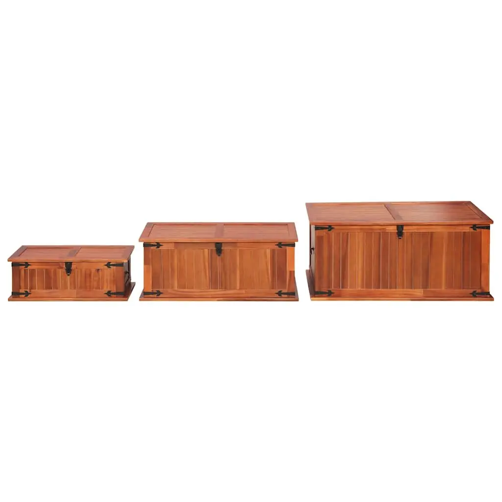 Wooden Storage Chests 3 Piece Handmade Solid Acacia Brown Multifunctional Box with Front Latch and Side Handles