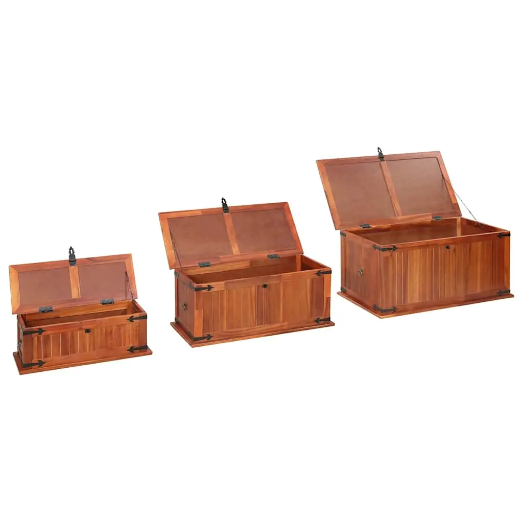 Wooden Storage Chests 3 Piece Handmade Solid Acacia Brown Multifunctional Box with Front Latch and Side Handles