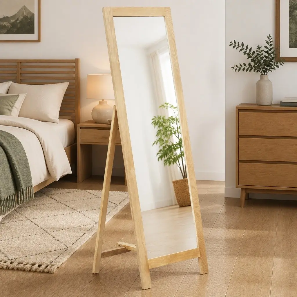 Freestanding Mirror Brown Solid Oak Wood Frame Bedroom Bathroom Hallway Decor 150 cm