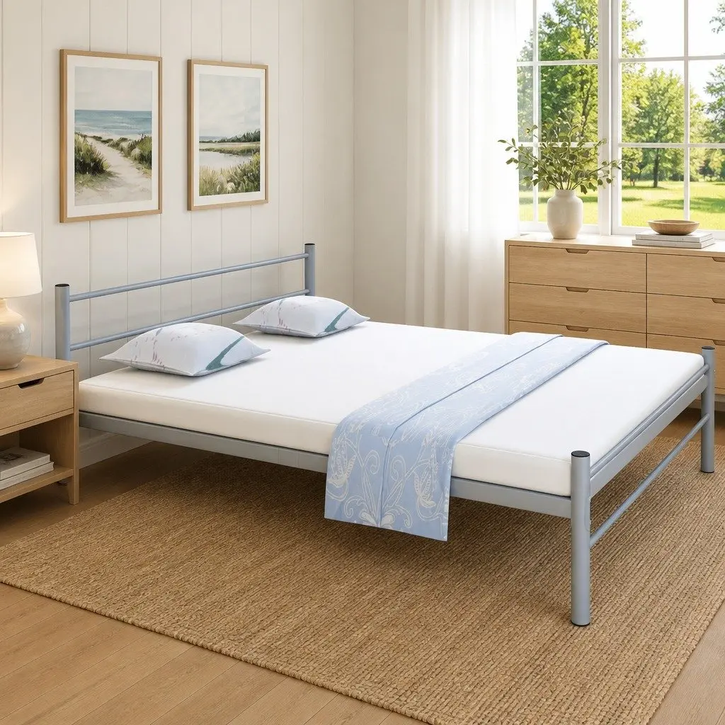Queen Size Bed Frame Grey Metal Slat Base Bedroom Furniture