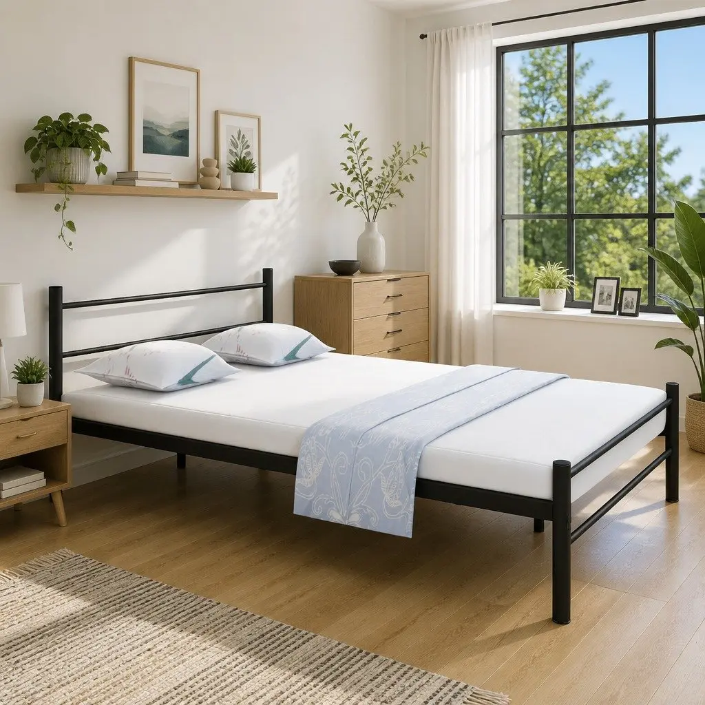 Double Bed Frame Black Metal Slatted Base 187 x 137 cm