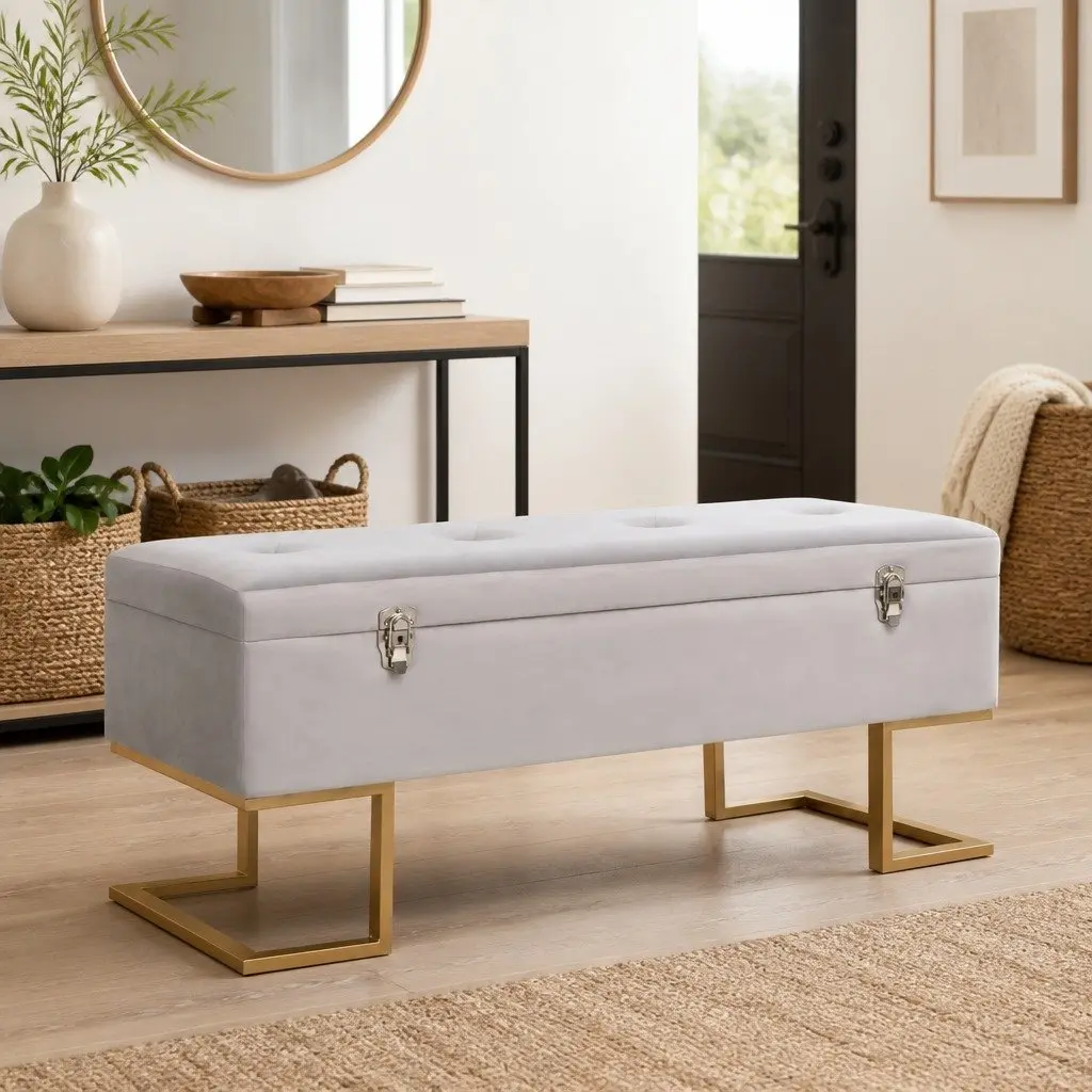 Grey Velvet Storage Bench