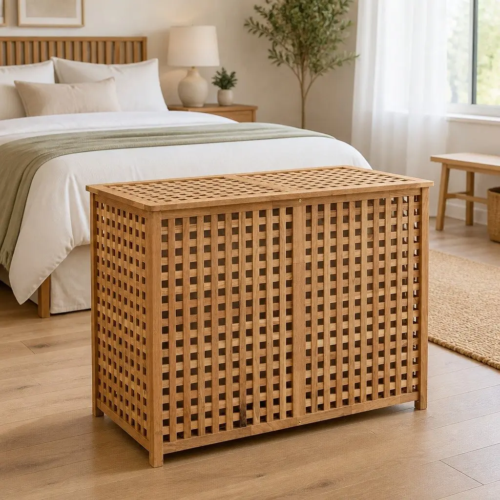 Wooden Laundry Bin with Dual Compartments
