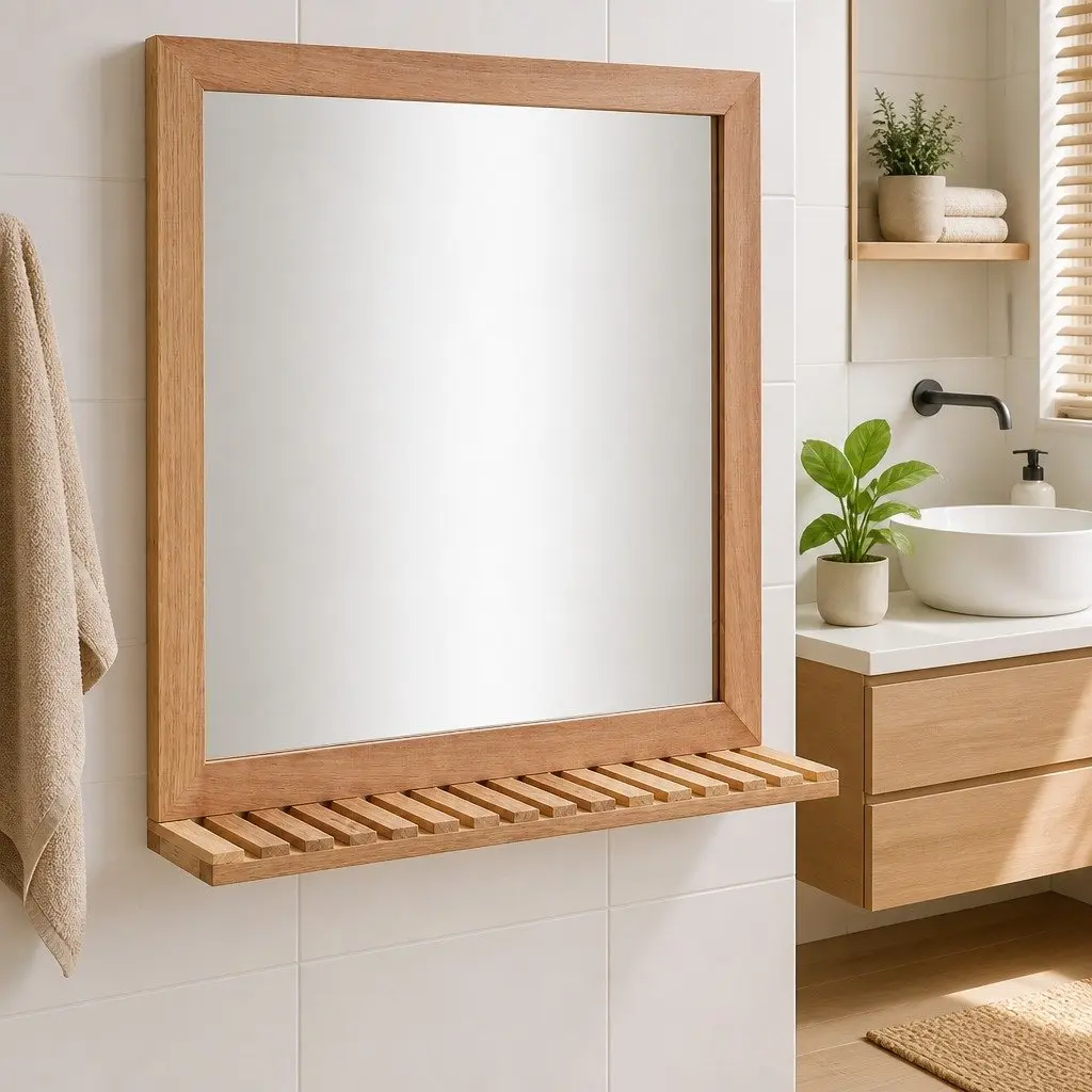 Bathroom Mirror with Shelf 60x12x62 cm Solid Walnut Wood Frame Brown