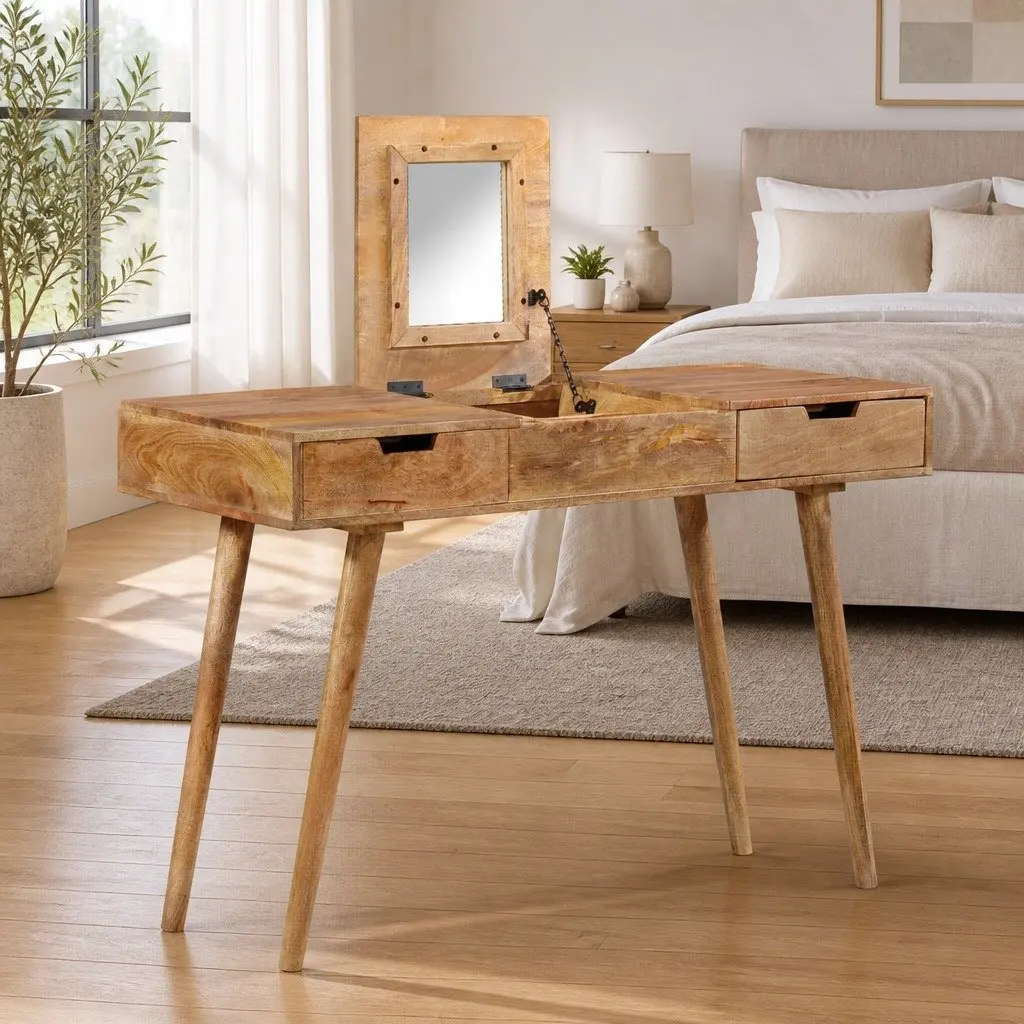 Dressing Table Bedroom Vanity 112x45x76 cm Brown Solid Mango Wood with Mirror 2 Drawers 4 Compartments