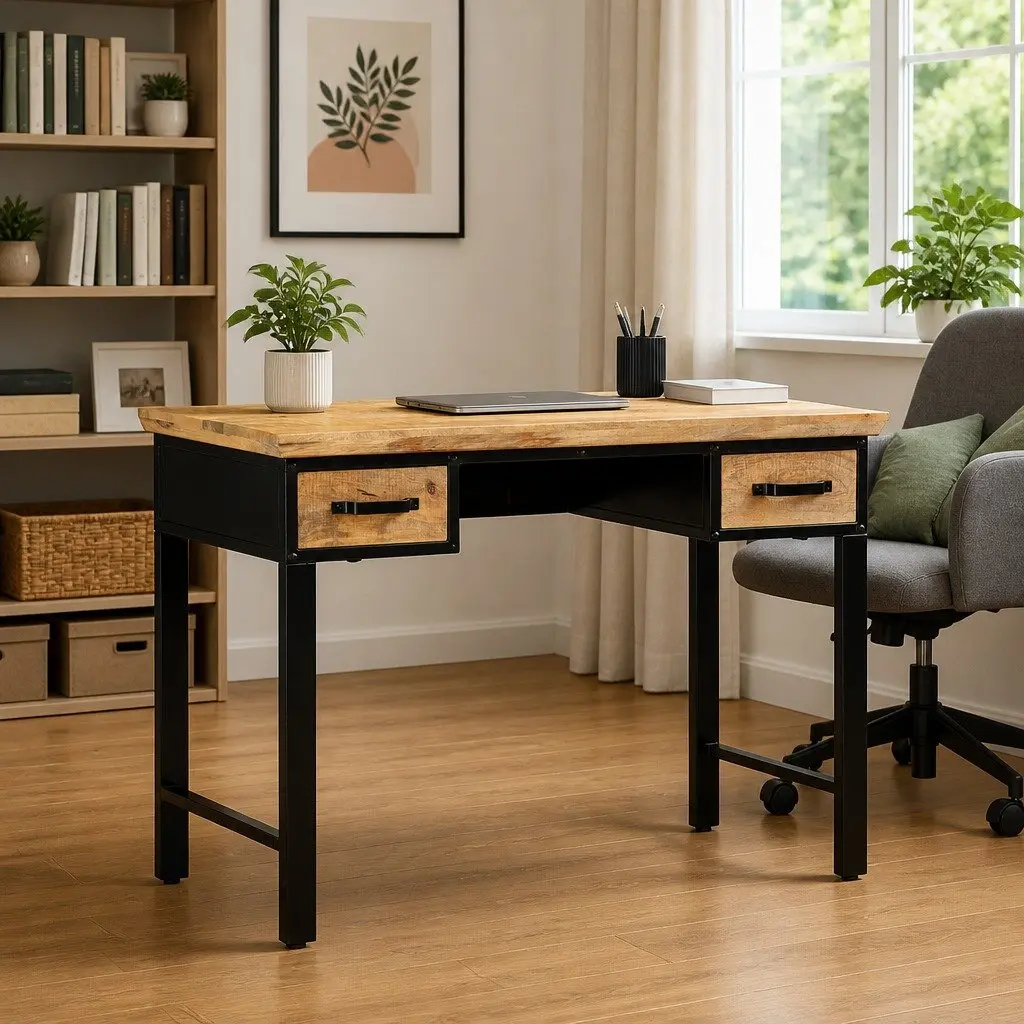 Writing Desk Office Table 110x50x76 cm Brown Solid Wood with 2 Drawers Storage