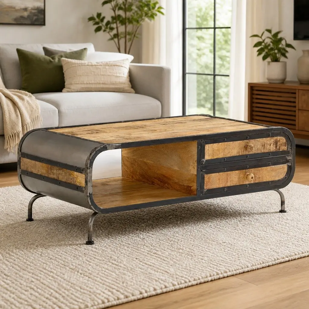Coffee Table 100x50x35cm Solid Mango Wood Living Room Accent Storage Drawers