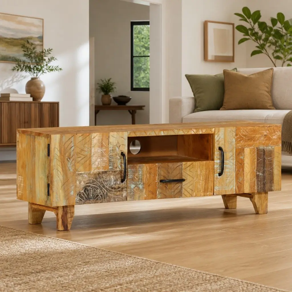 TV Cabinet Solid Reclaimed Wood Hand Carved Doors Drawer Storage 120x30x40 cm Brown