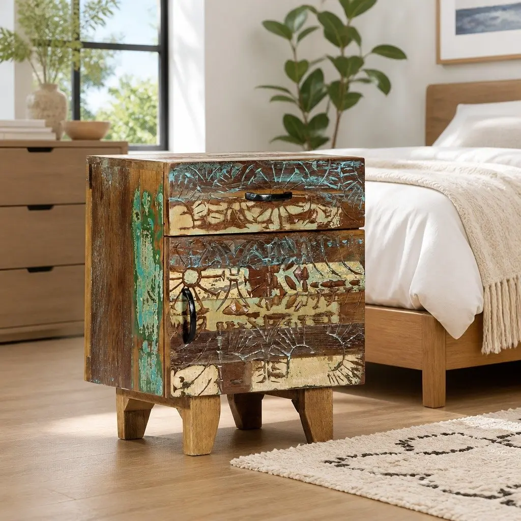 Bedside Cabinet Hand Carved Solid Reclaimed Wood Nightstand Storage Drawer Door Multicolour 40cm x 30cm x 50cm