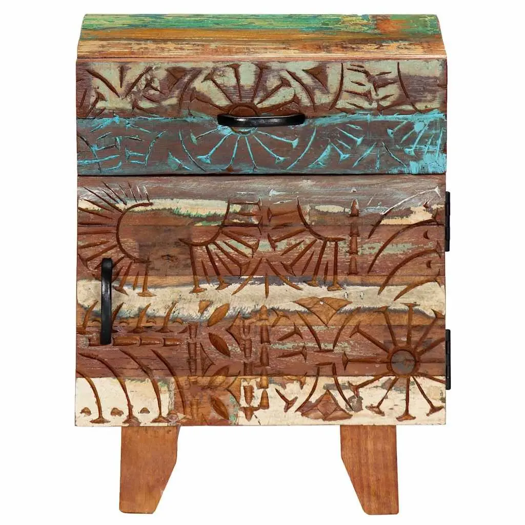 Bedside Cabinet Hand Carved Solid Reclaimed Wood Nightstand Storage Drawer Door Multicolour 40cm x 30cm x 50cm