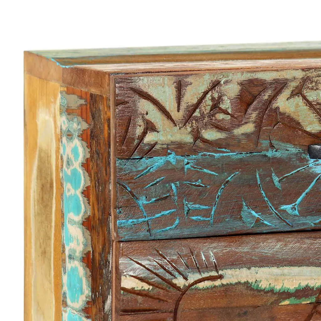 Bedside Cabinet Hand Carved Solid Reclaimed Wood Nightstand Storage Drawer Door Multicolour 40cm x 30cm x 50cm