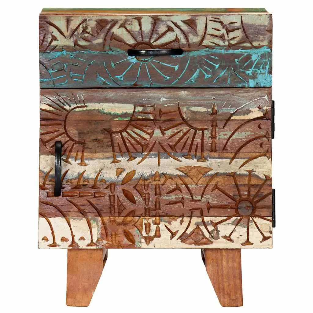 Bedside Cabinet Hand Carved Solid Reclaimed Wood Nightstand Storage Drawer Door Multicolour 40cm x 30cm x 50cm
