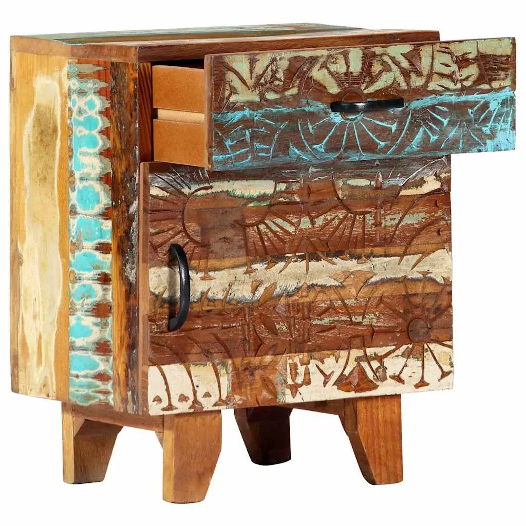 Bedside Cabinet Hand Carved Solid Reclaimed Wood Nightstand Storage Drawer Door Multicolour 40cm x 30cm x 50cm