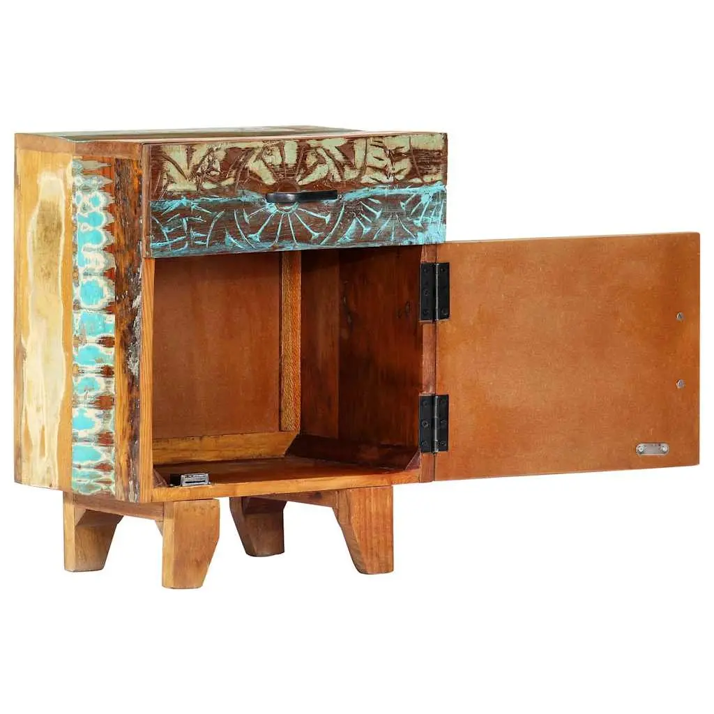 Bedside Cabinet Hand Carved Solid Reclaimed Wood Nightstand Storage Drawer Door Multicolour 40cm x 30cm x 50cm