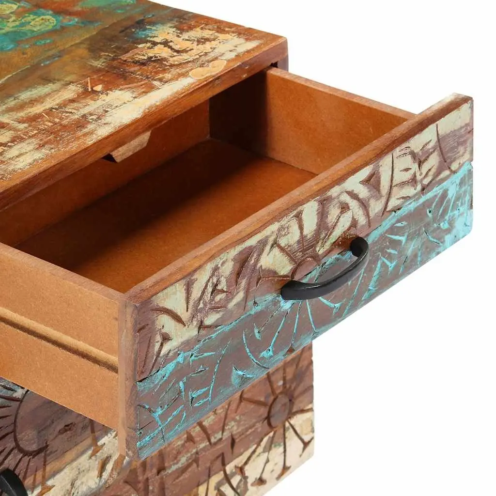 Bedside Cabinet Hand Carved Solid Reclaimed Wood Nightstand Storage Drawer Door Multicolour 40cm x 30cm x 50cm