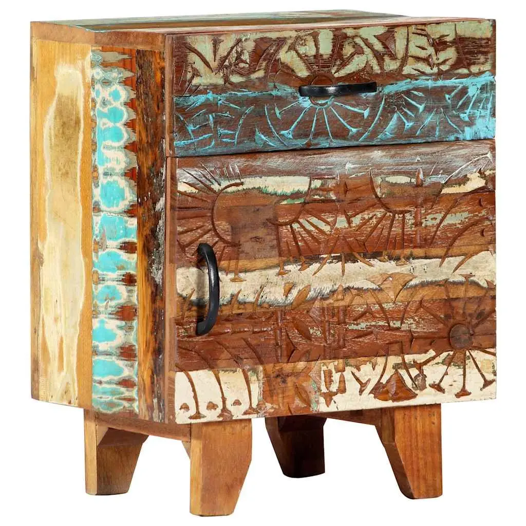 Bedside Cabinet Hand Carved Solid Reclaimed Wood Nightstand Storage Drawer Door Multicolour 40cm x 30cm x 50cm