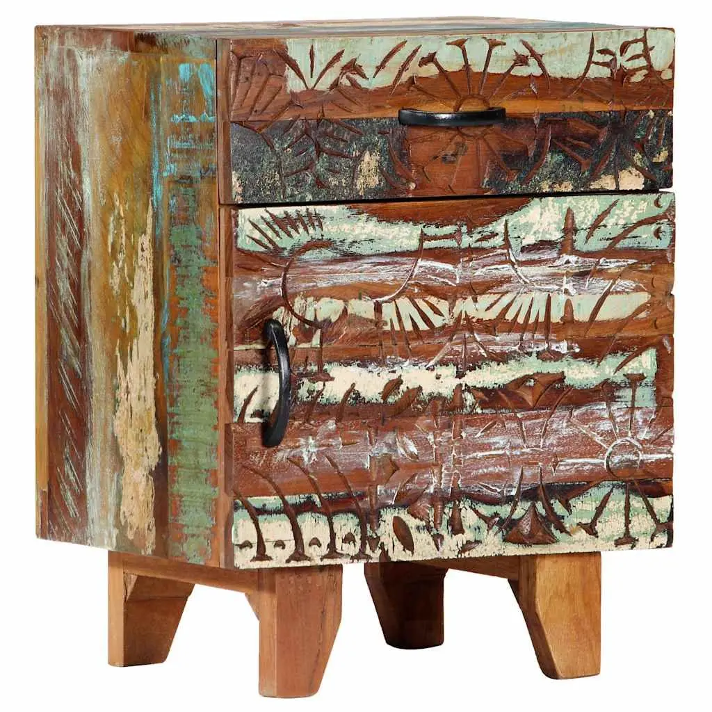 Bedside Cabinet Hand Carved Solid Reclaimed Wood Nightstand Storage Drawer Door Multicolour 40cm x 30cm x 50cm