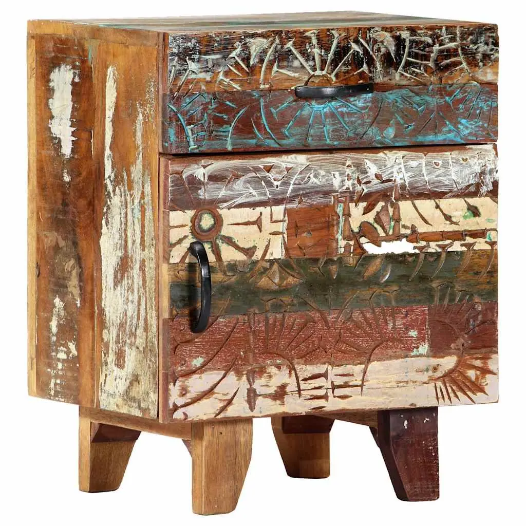 Bedside Cabinet Hand Carved Solid Reclaimed Wood Nightstand Storage Drawer Door Multicolour 40cm x 30cm x 50cm