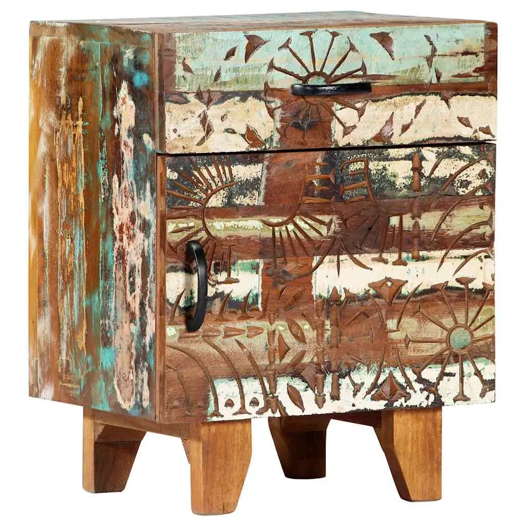 Bedside Cabinet Hand Carved Solid Reclaimed Wood Nightstand Storage Drawer Door Multicolour 40cm x 30cm x 50cm
