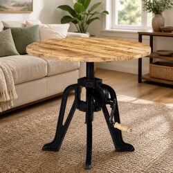 End Table Adjustable Height 46-63cm Solid Mango Wood Cast Iron Base Side Table