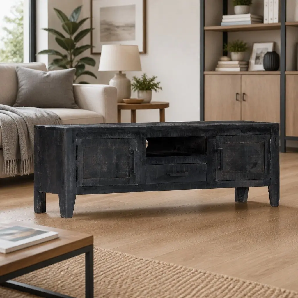 TV Cabinet Black Solid Mango Wood Storage Unit 118x30x40cm