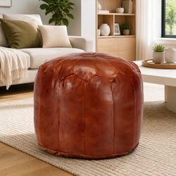Pouffe Footstool Ottoman Tan Goat Leather Home Decor Relaxation Seating