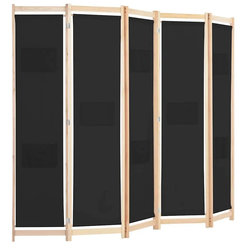 5-Panel Room Divider Freestanding Fabric Screen Partition Wooden Frame Black