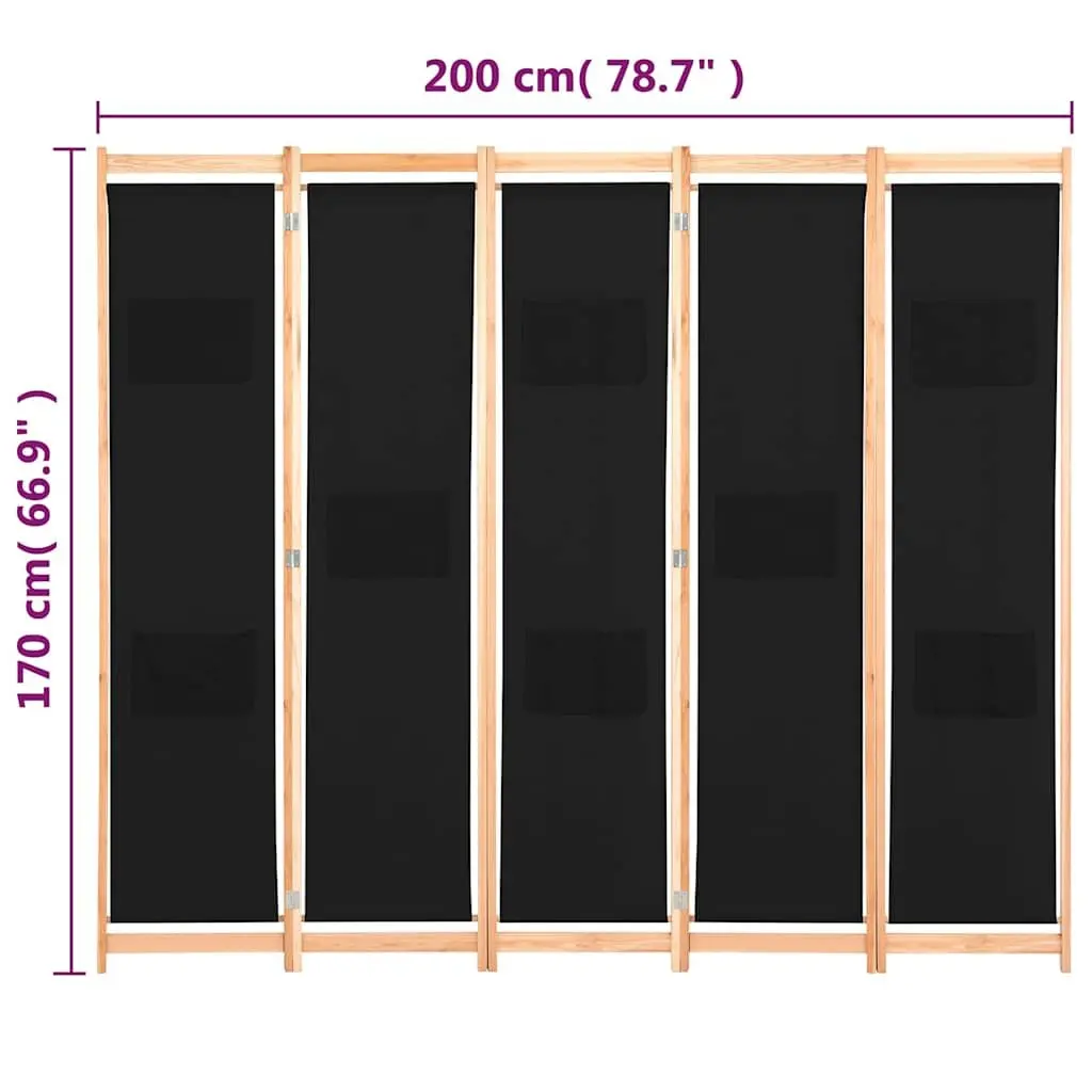 5-Panel Room Divider Freestanding Fabric Screen Partition Wooden Frame Black