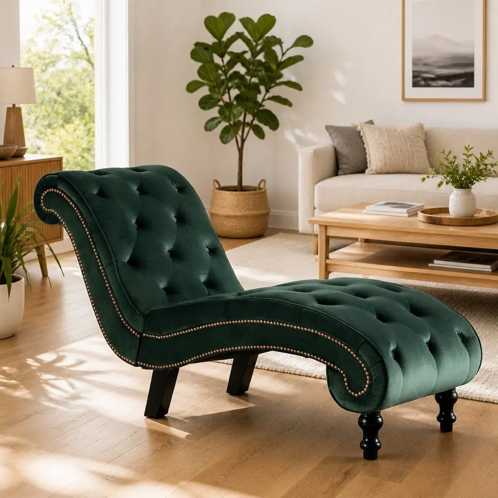 Chaise Lounge Green Velvet Accent Chair Ergonomic Support Button Tufted