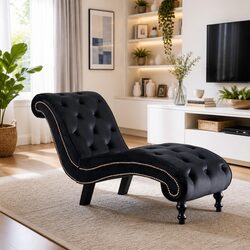 Chaise Lounge Black Velvet Accent Chair Ergonomic Scroll Design Button Tufted