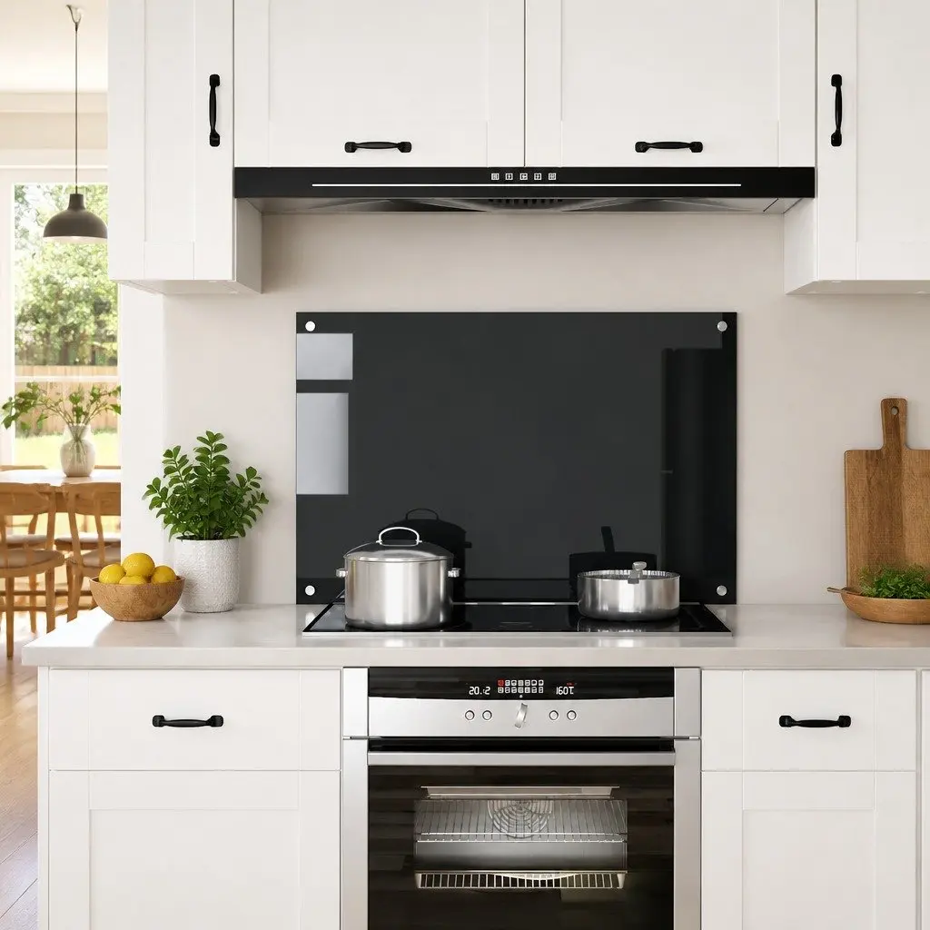 Heat-Resistant Black Glass Kitchen Backsplash 90x60 cm