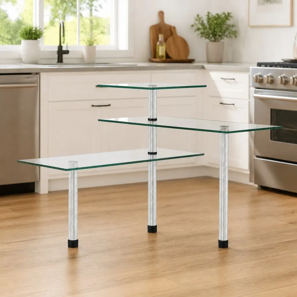 3-Tier Corner Kitchen Shelf Storage Organiser Unit Transparent Tempered Glass Stainless Steel Frame