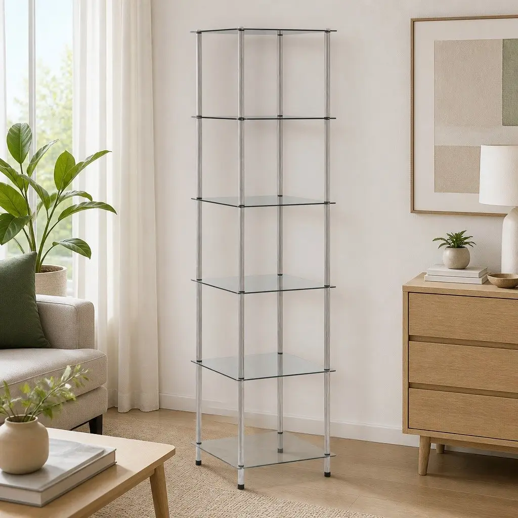 6-Tier Glass Shelf Unit Tempered Glass Display 40x40x160cm Transparent
