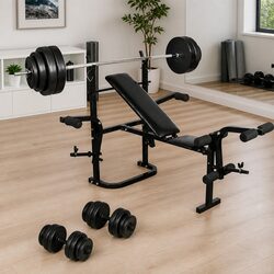Folding Weight Bench with Dumbbell Barbell Set Home Gym Equipment White