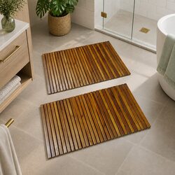 Wooden Bath Mat Set with Non-Slip Rubber Backing - 2pcs