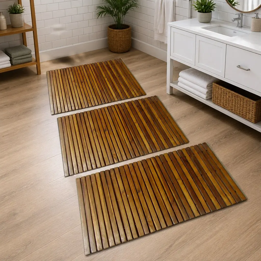 Wooden Bath Mat Non-Slip 80 x 50 cm Brown Set of 3
